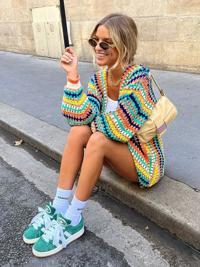 Women's Street Fashion Cardigan Multicolor Hand Crochet Sweater