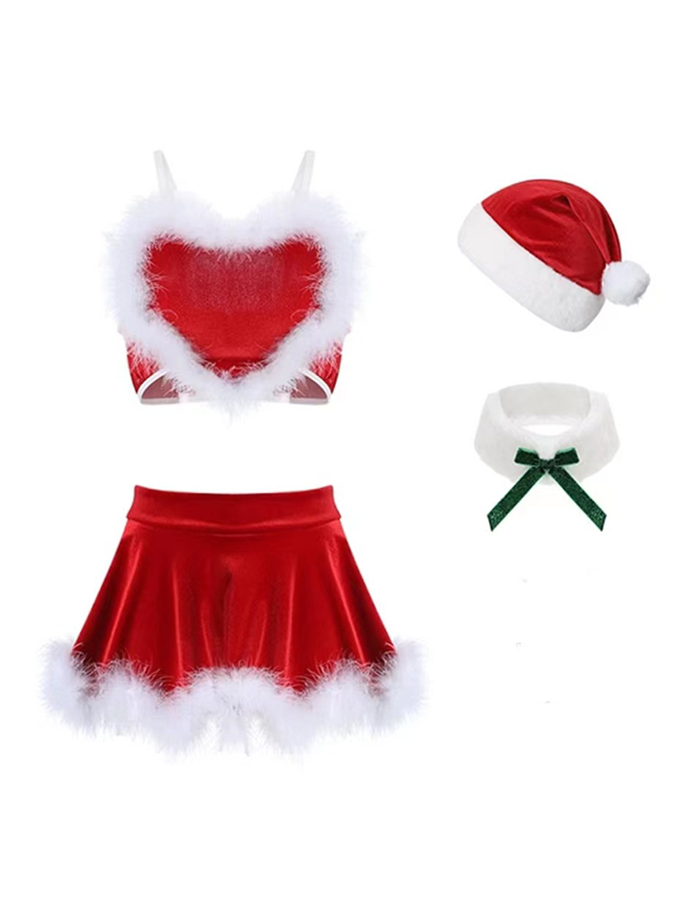 New red Christmas clothing sexy lingerie set (including hat + scarf + top + skirt)