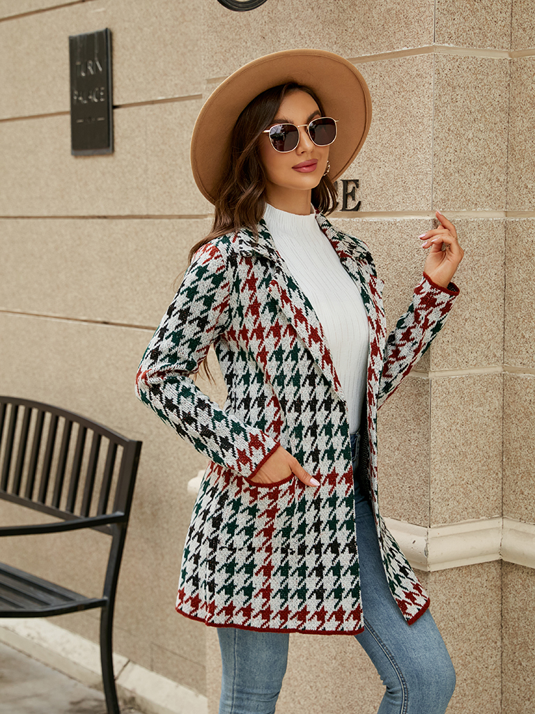 Women's houndstooth lapel knitted cardigan