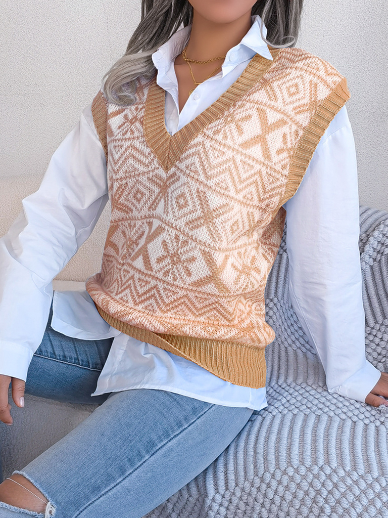 Women's new Christmas snowflake pattern V-neck knitted vest sweater