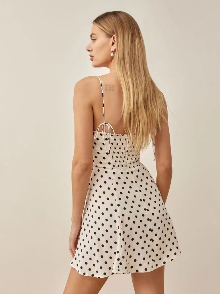 Women's sweet polka dot print slimming waist strappy corset dress