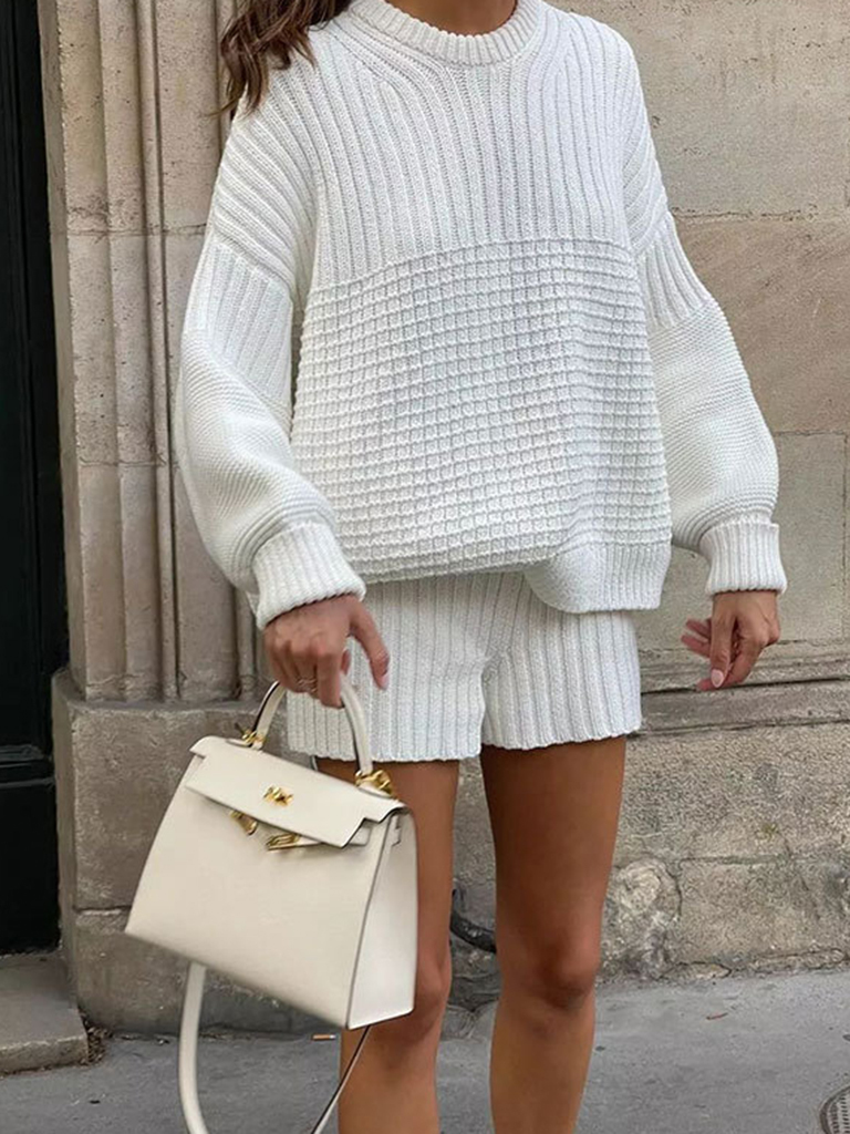 Women's New Knitted Round Neck Long Sleeve Loose Casual Shorts Two-piece Set