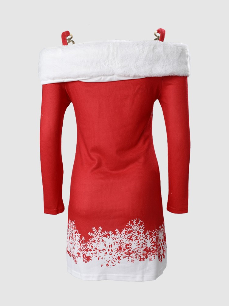Women's new Christmas printed furry flat shoulder suspender dress