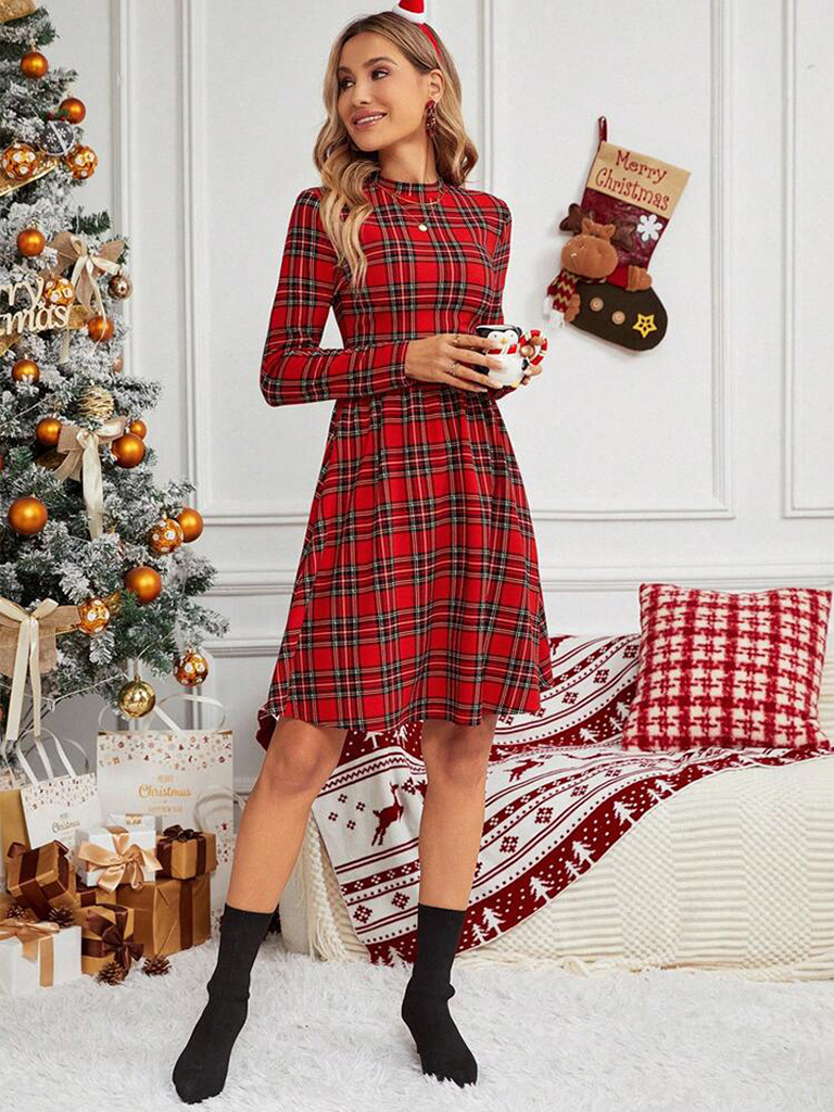 Checkered printed turtleneck long-sleeved dress Christmas new style
