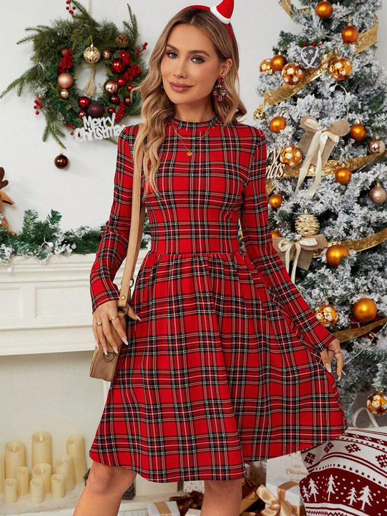 Checkered printed turtleneck long-sleeved dress Christmas new style