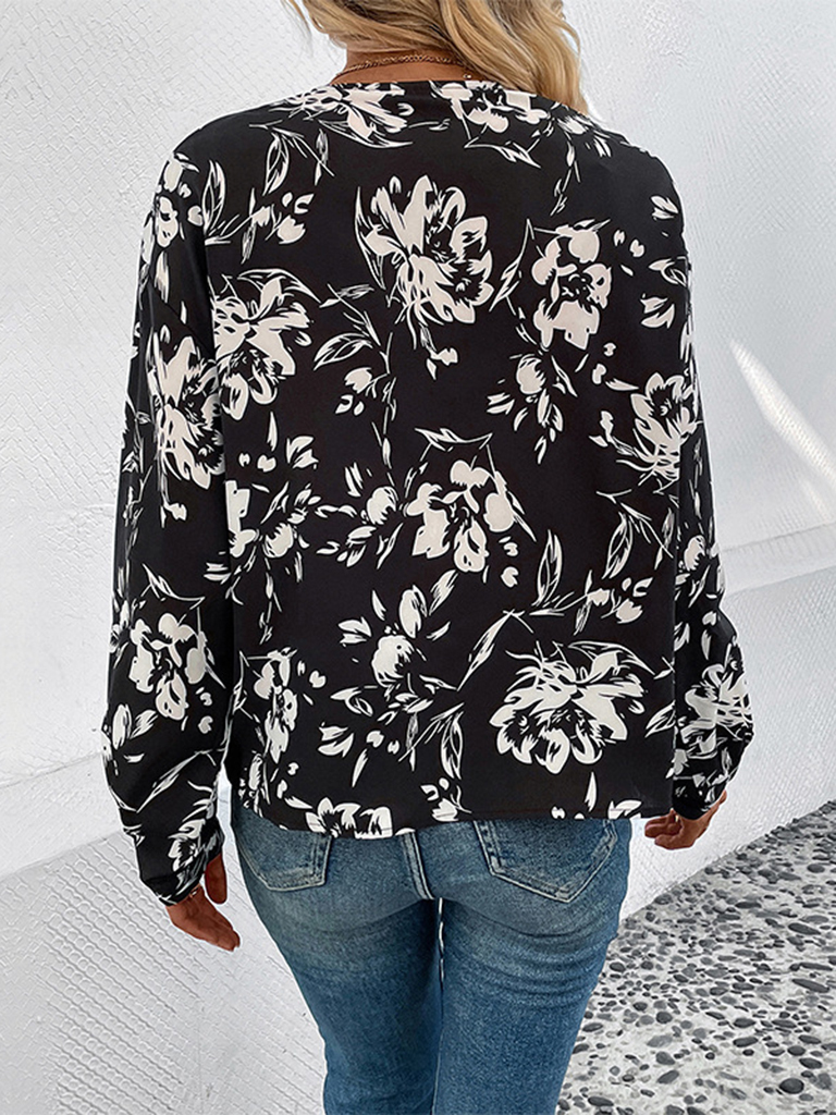 New women's black and white flower printed lapel long-sleeved shirt