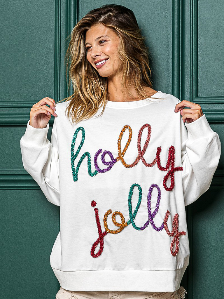 Women's letter round neck long sleeve loose casual Christmas pullover sweatshirt