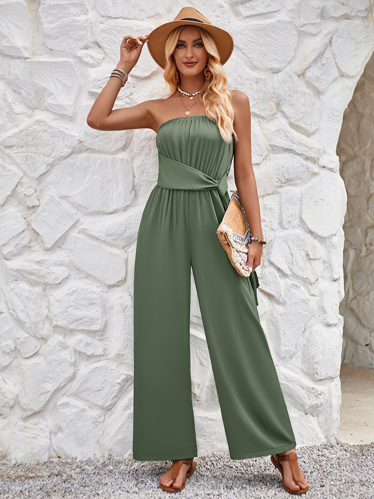 Solid color tube top and waist slim fit jumpsuit
