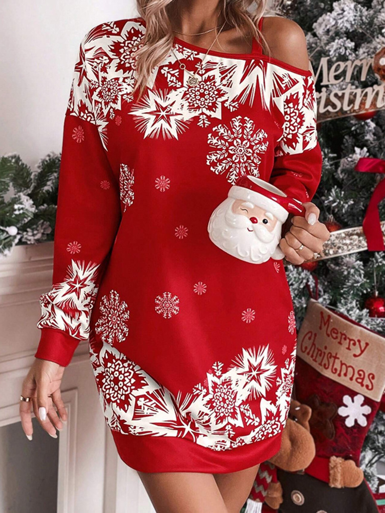 Women's Christmas printed off-shoulder autumn and winter dress