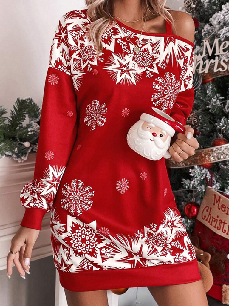 Women's Christmas printed off-shoulder autumn and winter dress