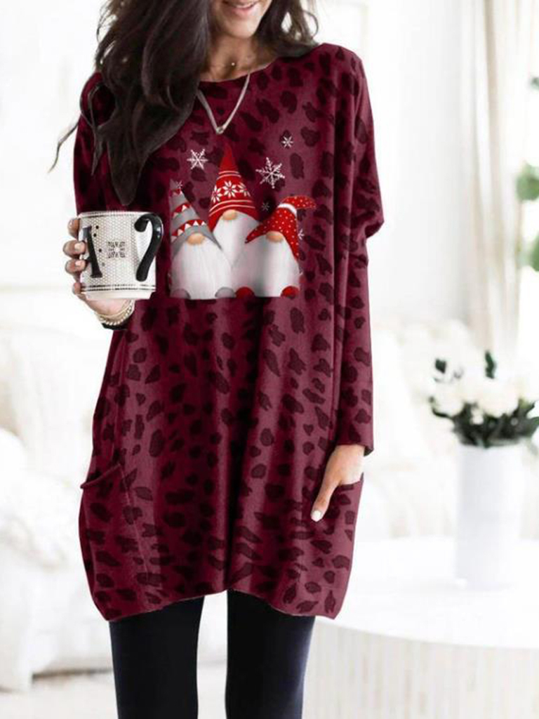 New Long Sleeve Pocket Leopard Christmas Print Dress