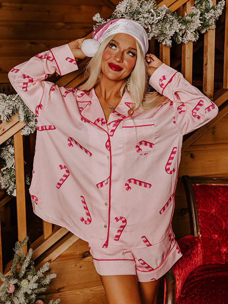 Women's New Satin Plaid Print Santa Claus Casual Shorts Long Sleeve Homewear Pajamas Set