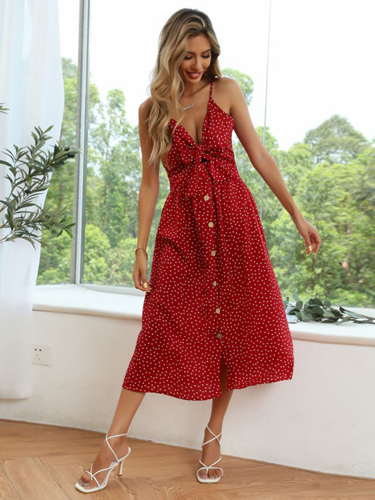 Women's new polka-dot lace-up bow A-line suspender dress