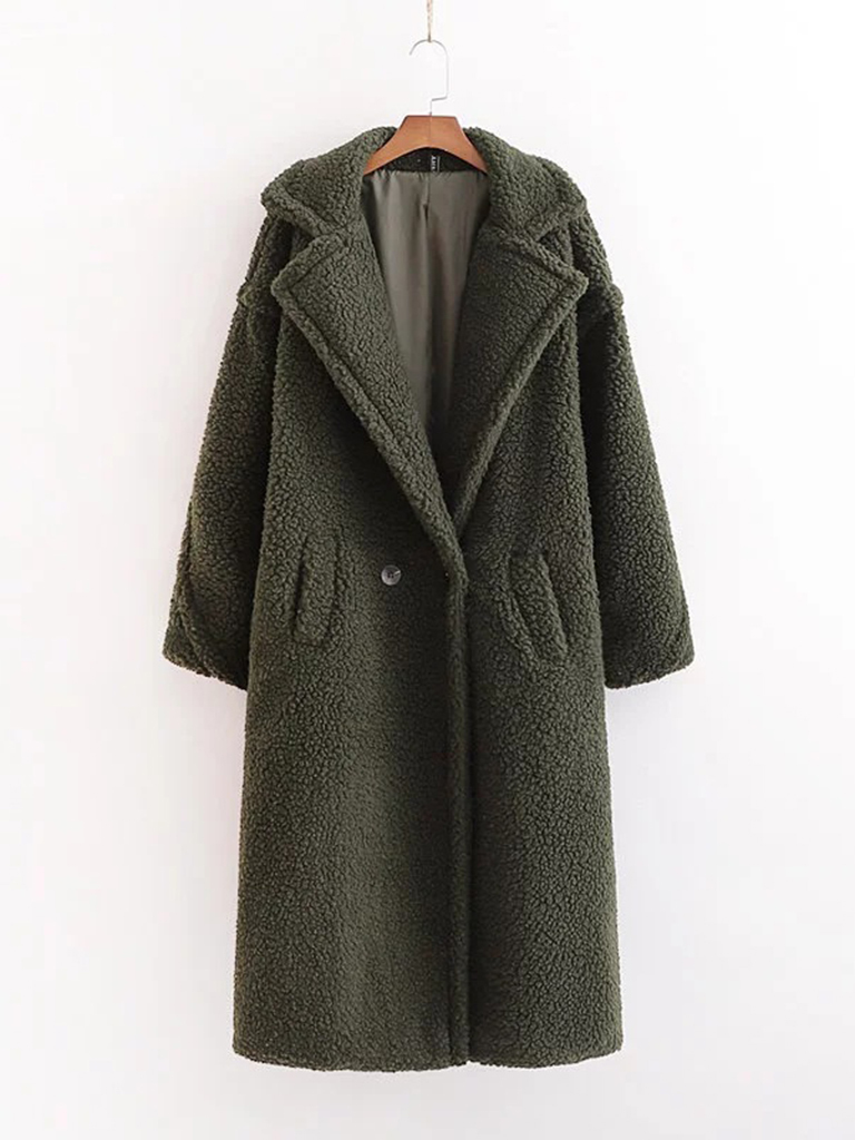 Women's warm loose lambswool coat teddy fur lapel long woolen coat