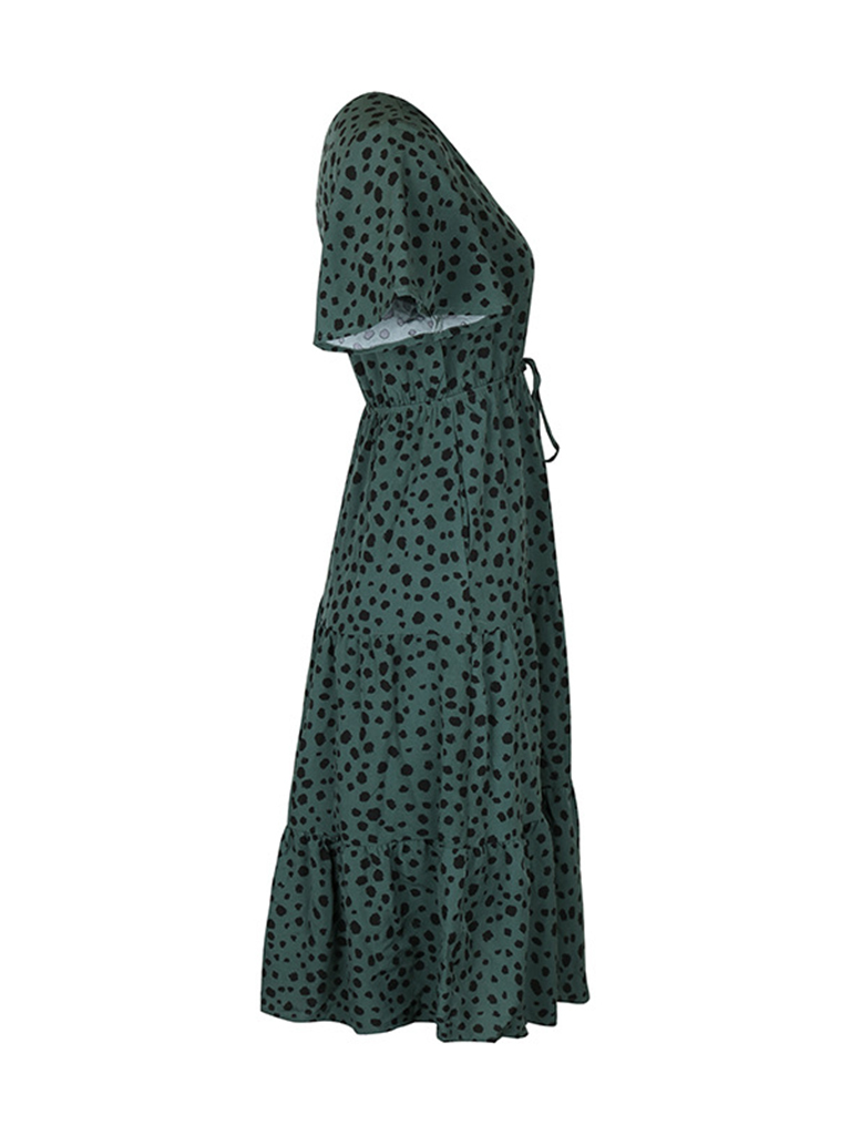 Women's new V-neck waisted short-sleeved printed dress