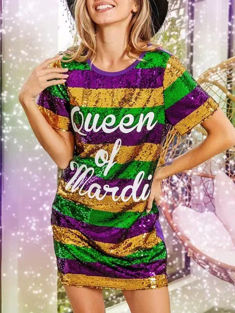 New women's mid-length striped lettering sequined T-shirt dress