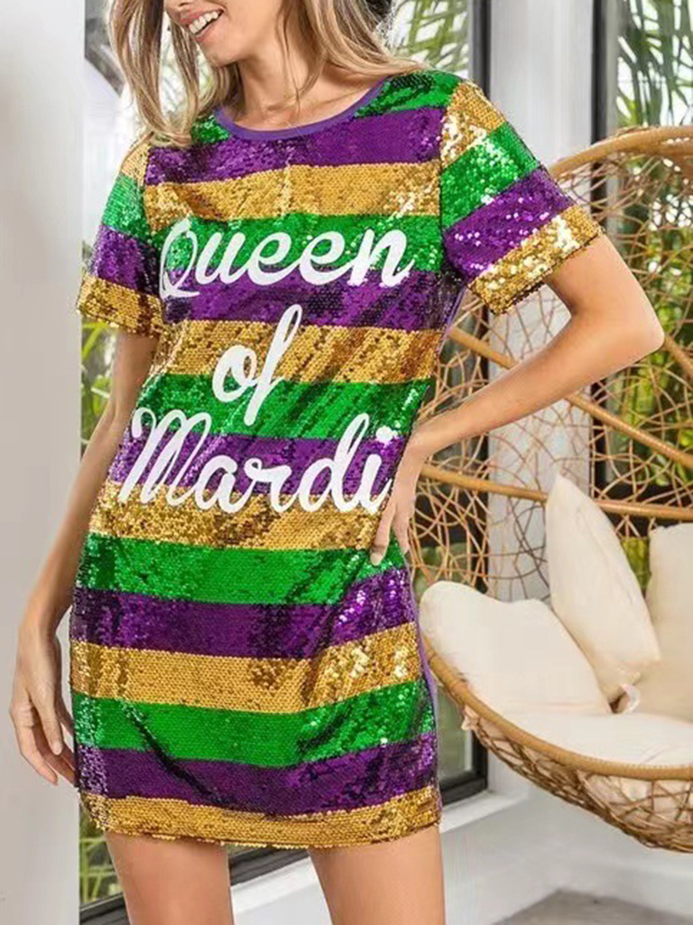 New women's mid-length striped lettering sequined T-shirt dress