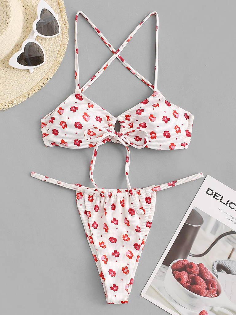 New pink flower print split swimsuit tie-dye halterneck bikini