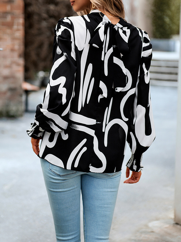 Women's printed turtleneck puff sleeve top blouse