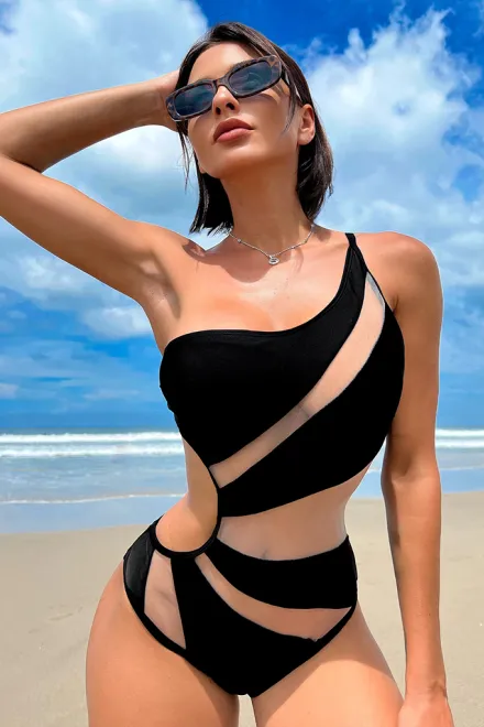 New solid color hollow mesh sexy bikini one-piece swimsuit