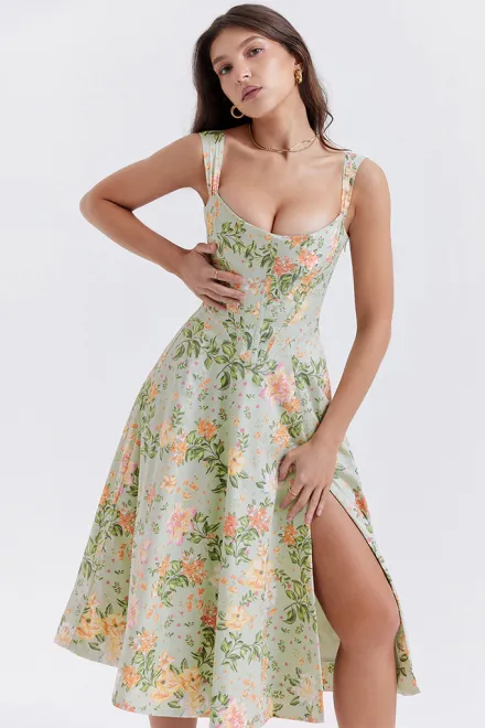 Women's Slim Suspender Sexy Slit Floral Dress