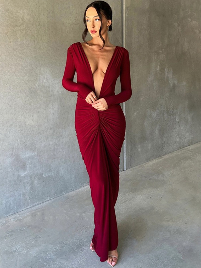 Reversible evening gown pleated long-sleeved backless long ladylike dress