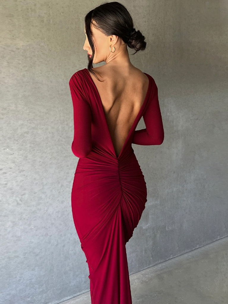 Reversible evening gown pleated long-sleeved backless long ladylike dress