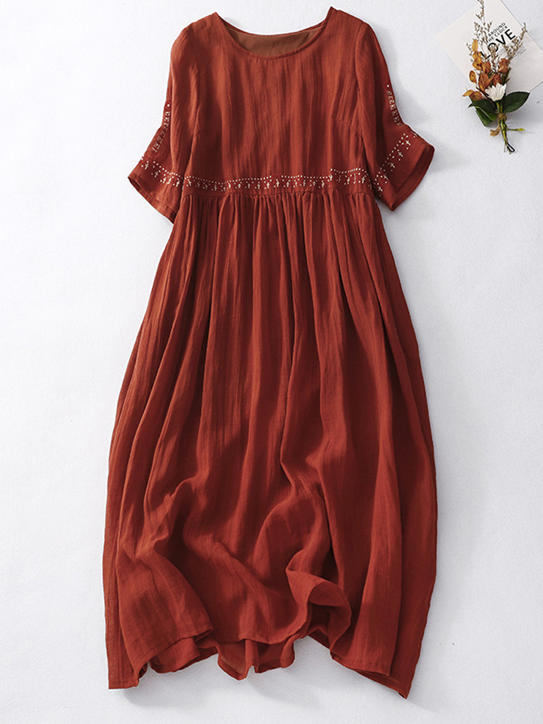 New literary retro casual loose embroidered long dress with large hem