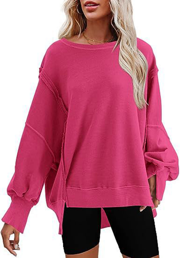 Women's round neck loose side slit long sleeve sweatshirt