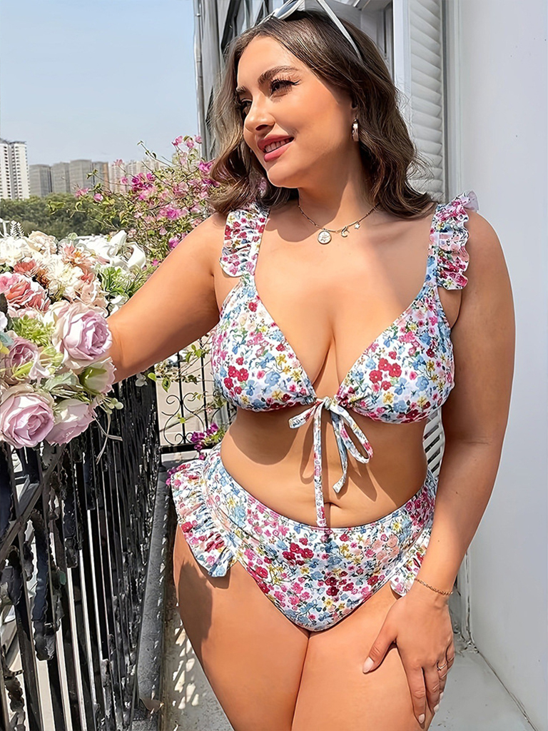 New plus size sexy split swimsuit with floral lace bikini