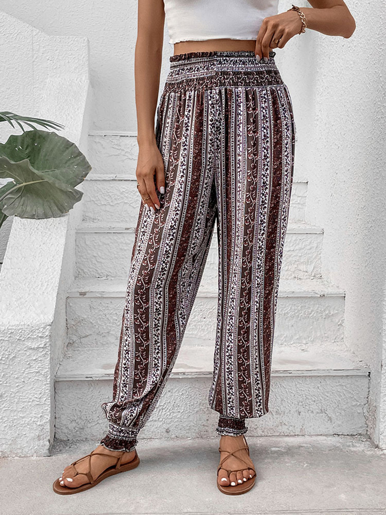 Women's new elastic trousers ethnic style high waist printed trousers