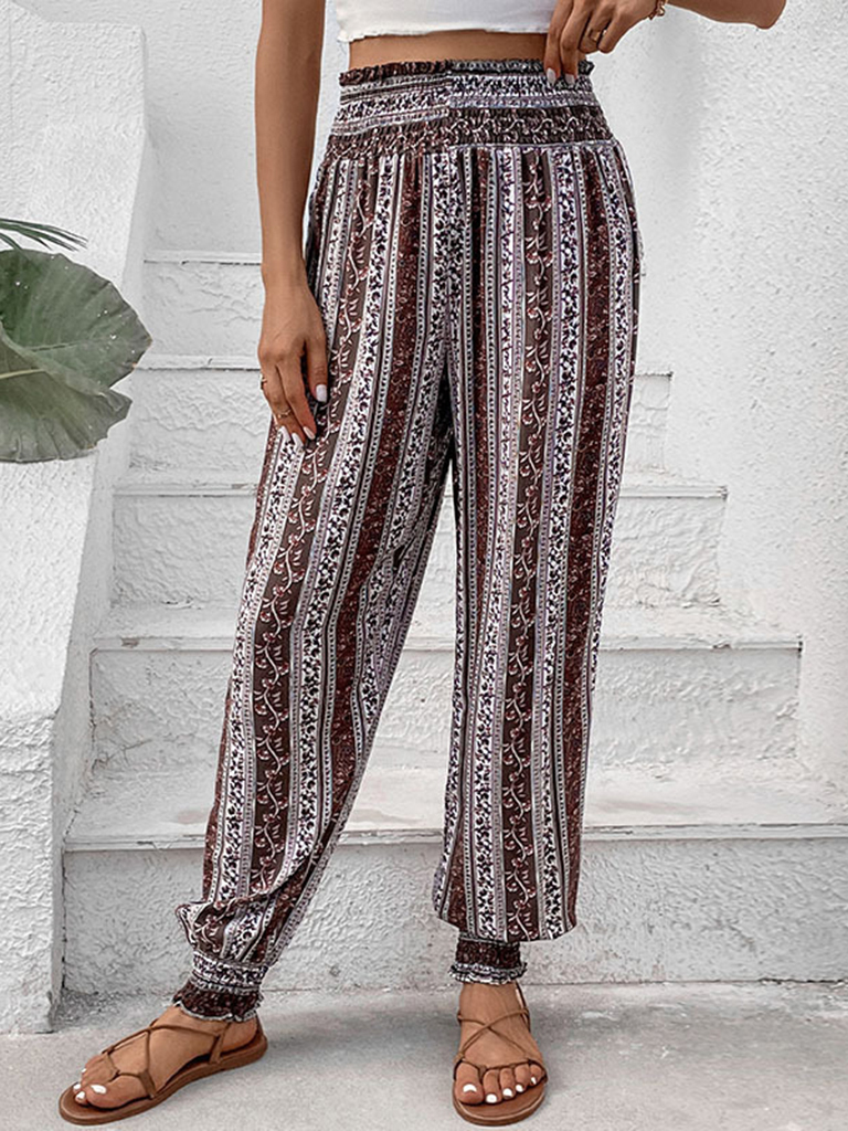 Women's new elastic trousers ethnic style high waist printed trousers