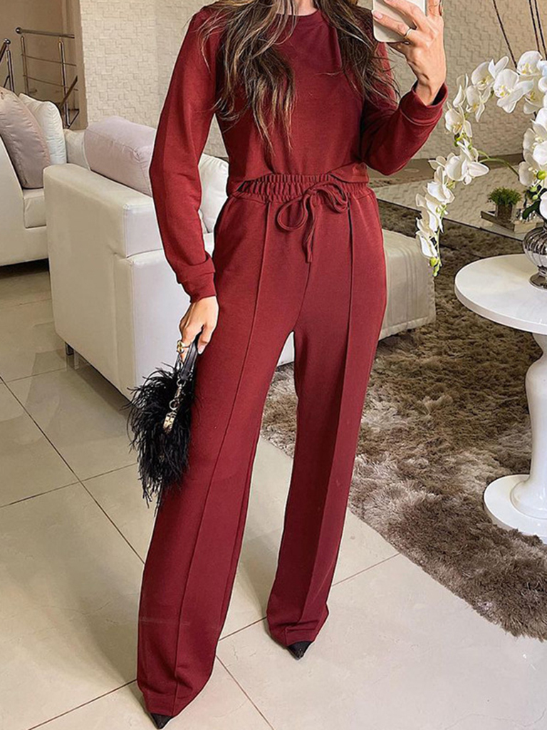 New fashionable long-sleeved T-shirt tops straight-leg trousers two-piece suit