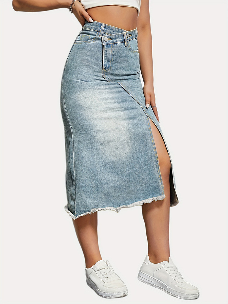 Versatile American retro denim fashionable slit splicing mid-length a-line skirt