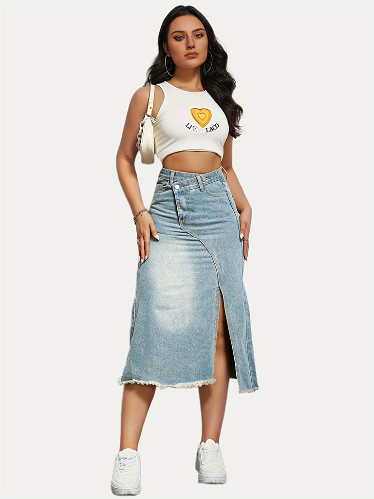 Versatile American retro denim fashionable slit splicing mid-length a-line skirt