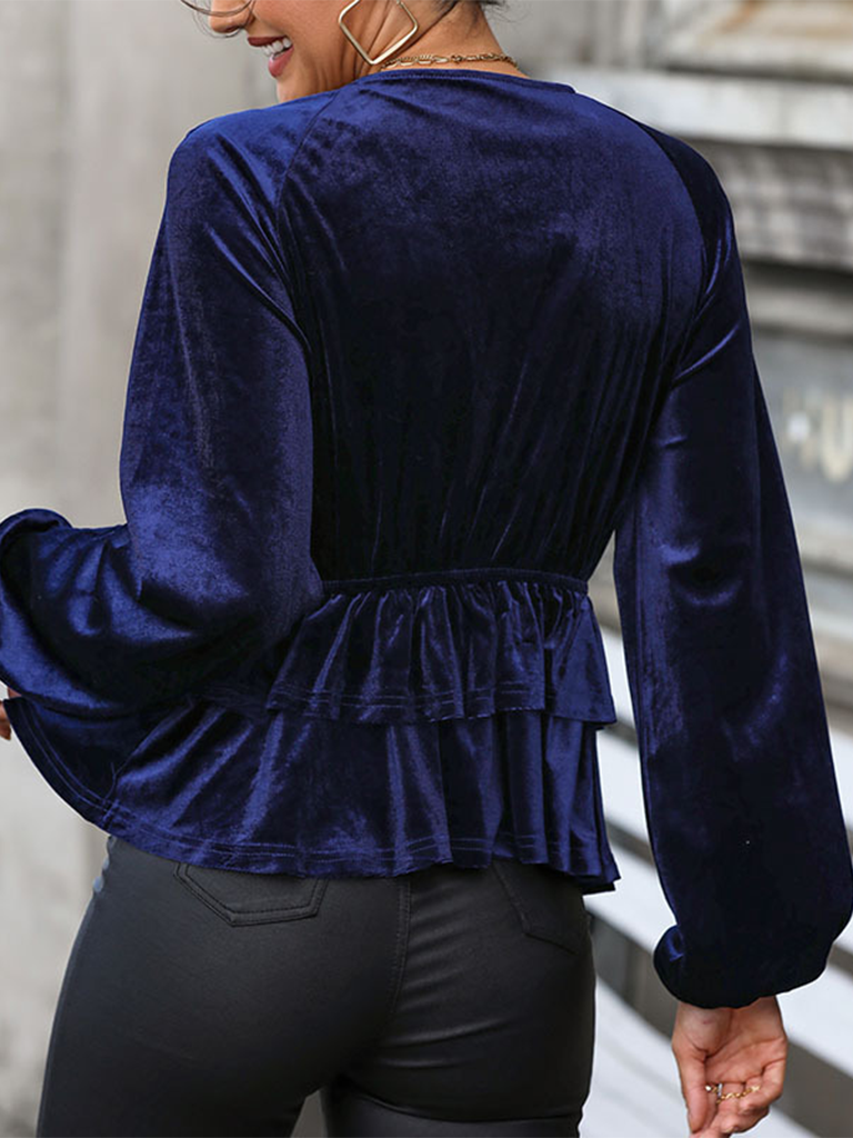 Women's solid color v-neck velvet long-sleeved top