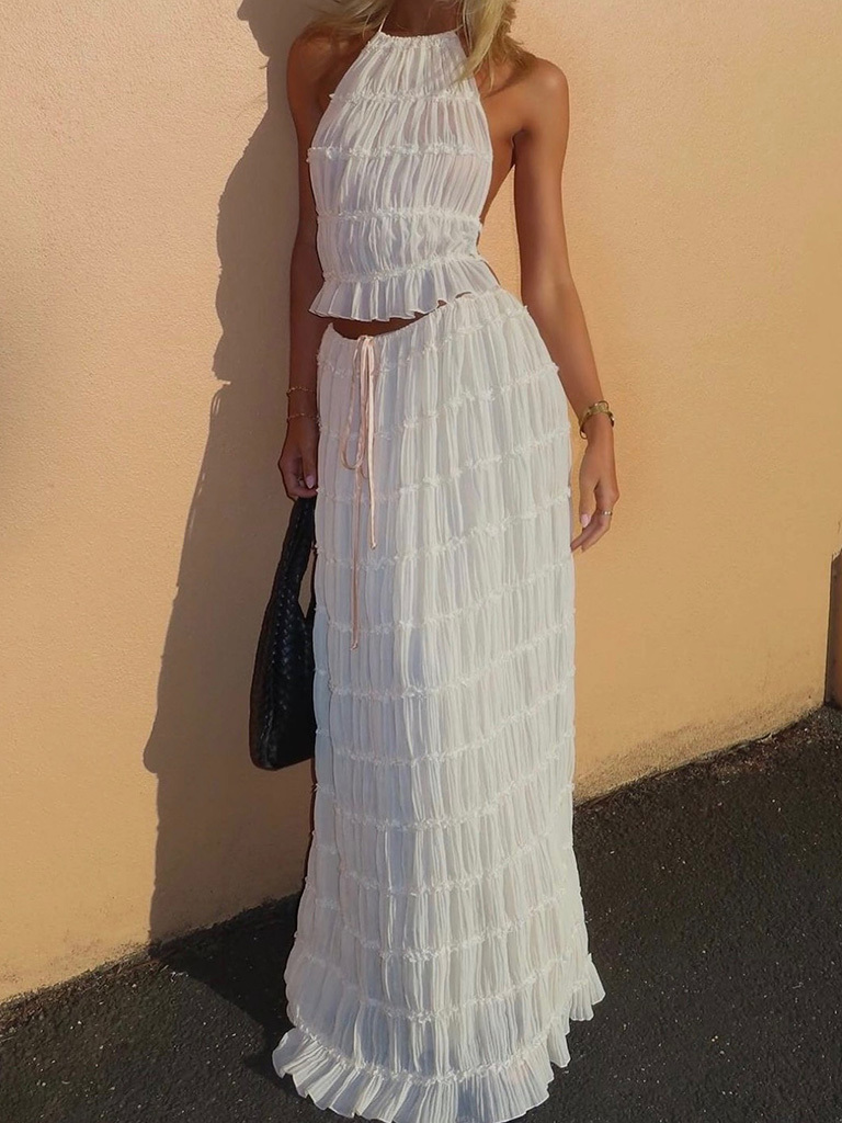 Backless lace-up halter top set and two-piece chiffon pleated long skirt with earrings
