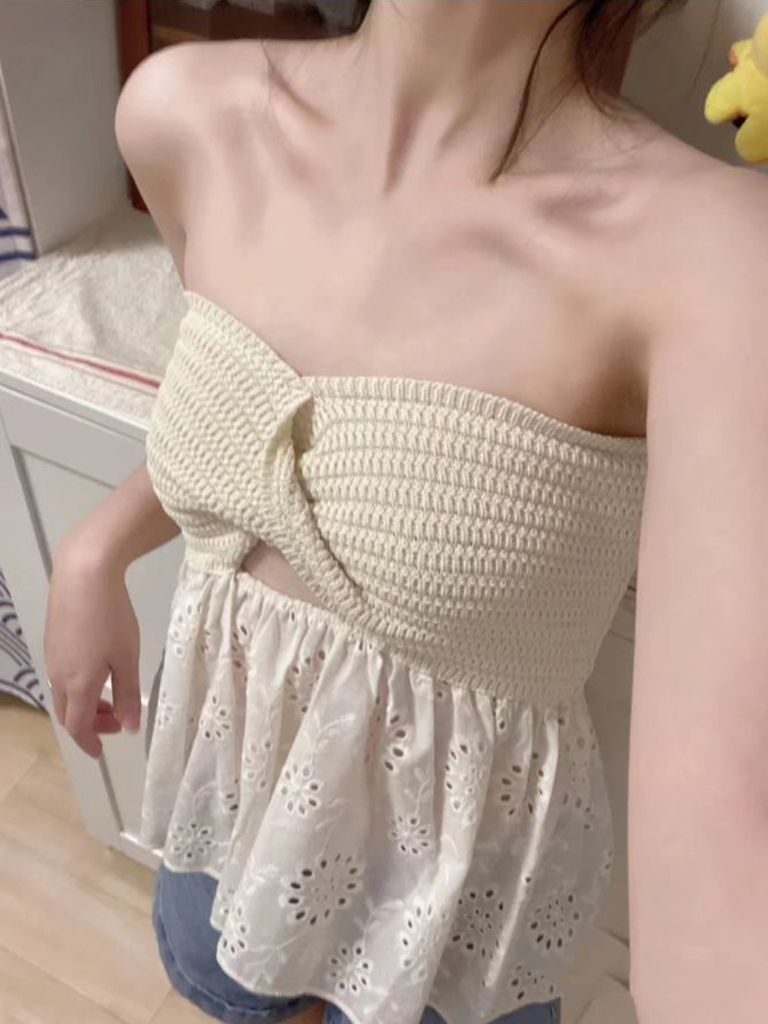 Fashionable casual knitted embroidered stitching holiday sexy tube top top