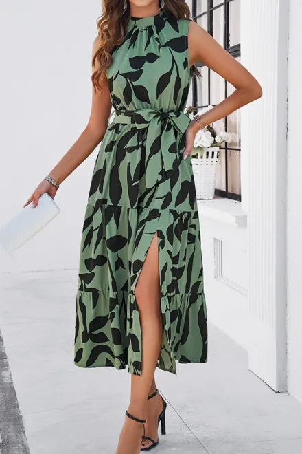 Women's Spring and Summer Casual Vacation Stand Collar Waist Tie Sleeveless Dress