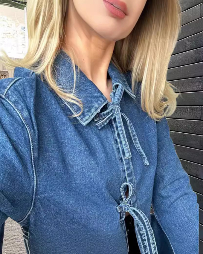 New style fashionable and casual lace-up denim long pocket stand-collar top
