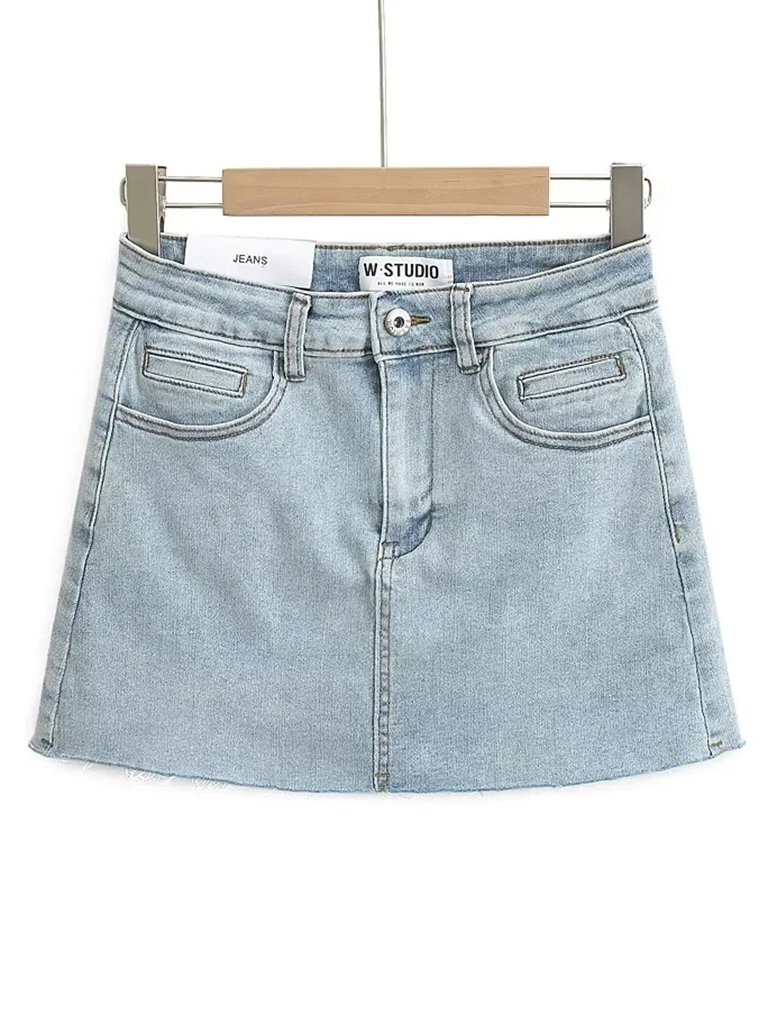 Hot girl's high-waist elastic hip-covering slim-fit anti-exposure raw edge A-line denim skirt