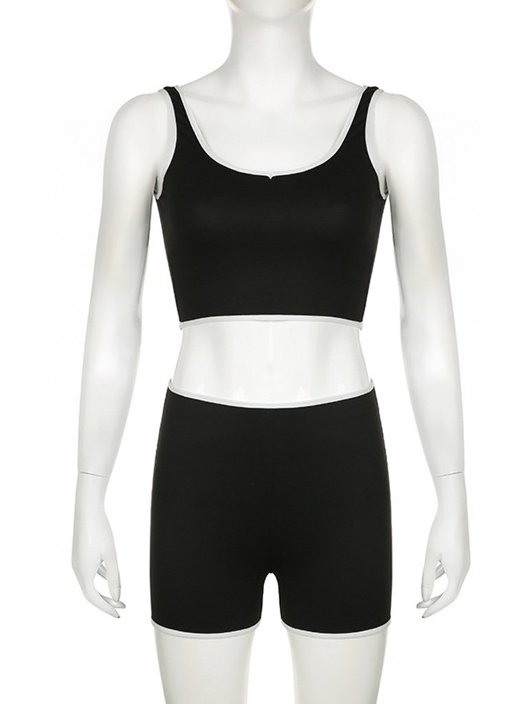 Casual sports contrasting color hemmed U-neck vest + shorts fitness yoga hot girl two-piece set