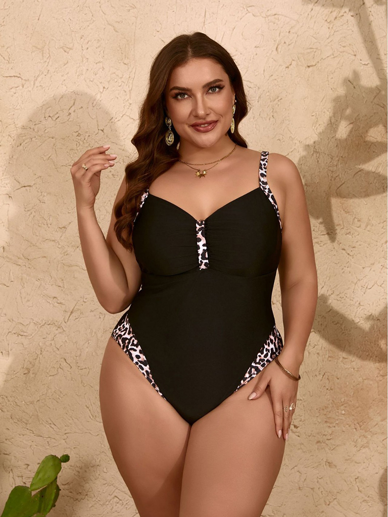 plus size pure black leopard print one-piece slim bikini swimsuit