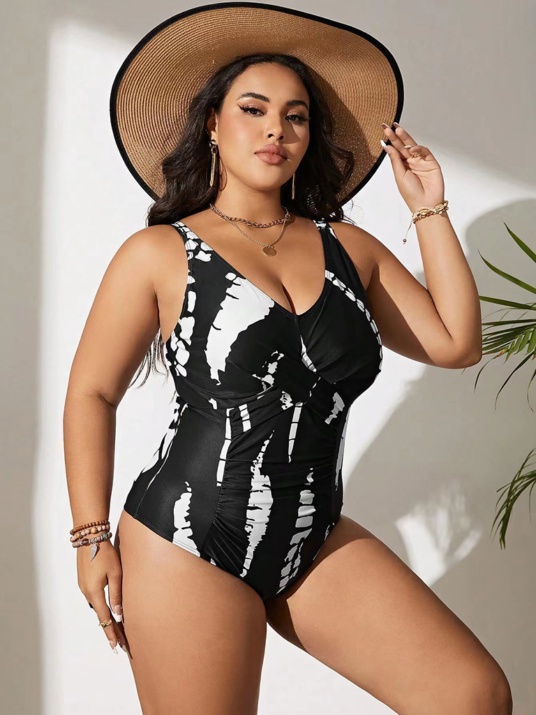 Plus size black and white one-piece slim bikini swimsuit
