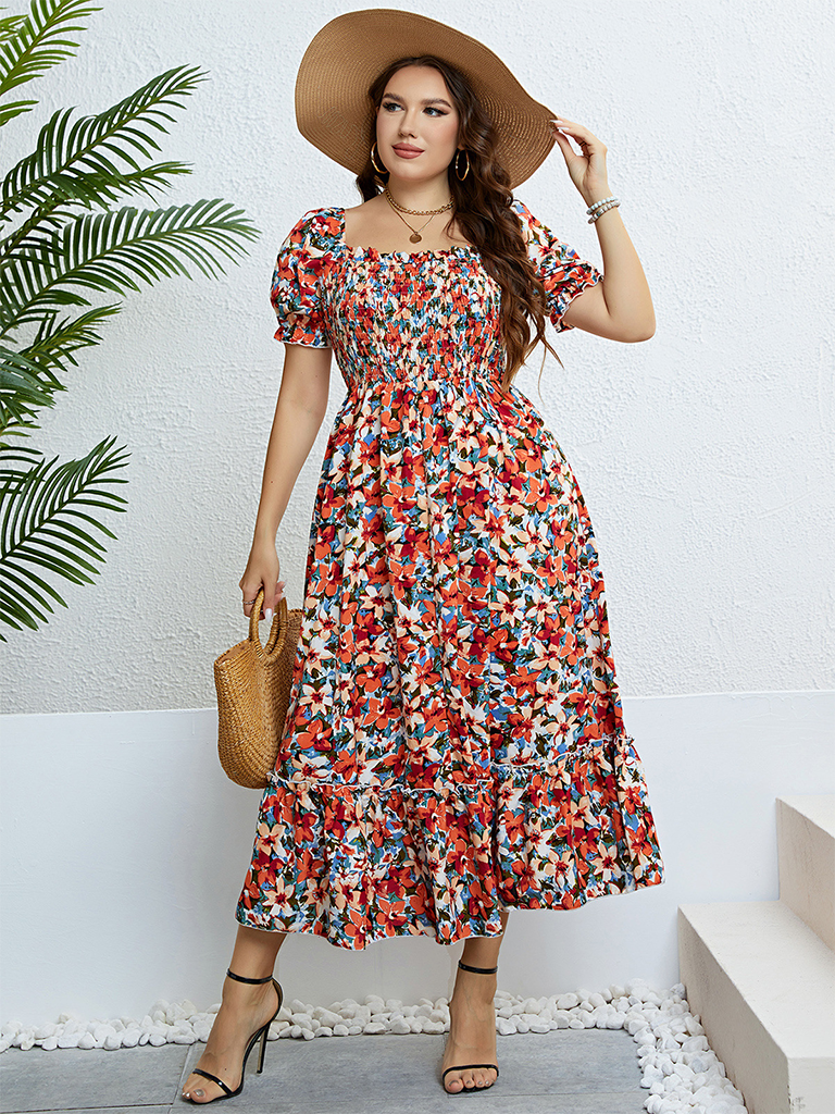 Plus size women's summer floral one-shoulder waist slimming dress