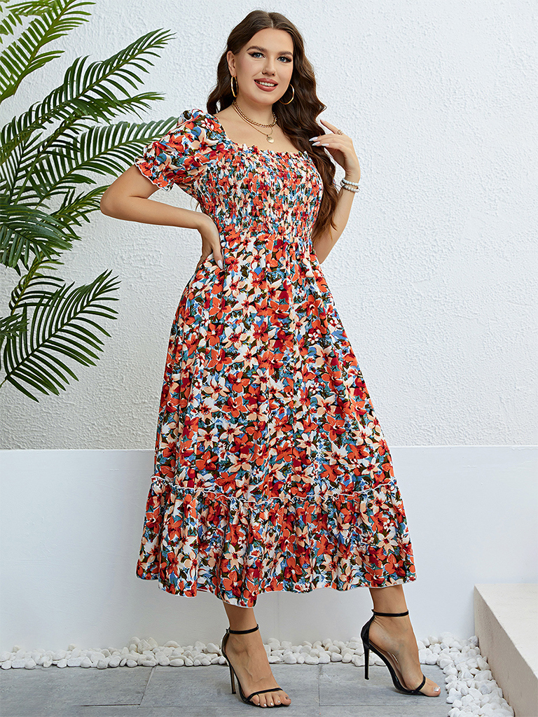 Plus size women's summer floral one-shoulder waist slimming dress