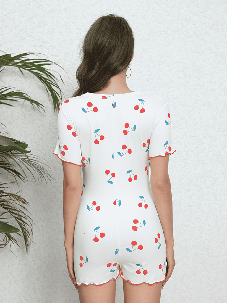 Sexy ear-trimmed cherry print loungewear jumpsuit