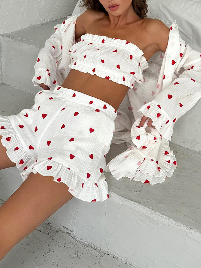 Sexy tube top and love printed home wear pajamas three-piece set