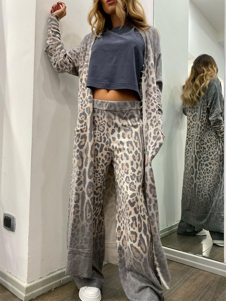 New leopard print long-sleeved cardigan jacket + trousers two-piece set