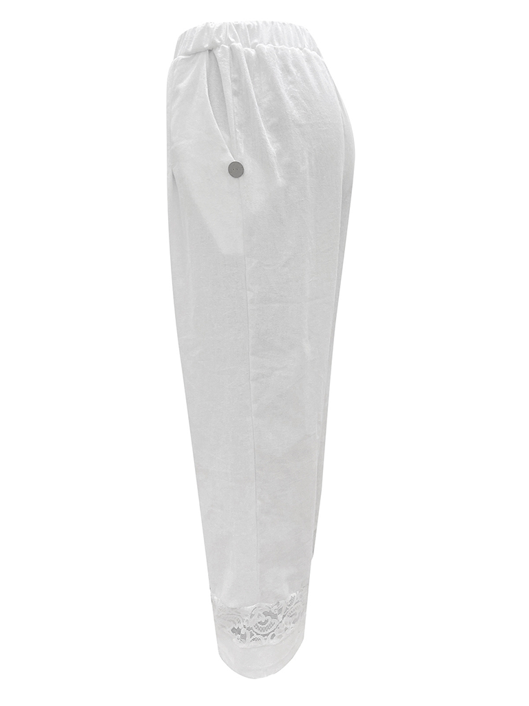 New Lace Spliced Button Elastic Waist Women's Casual Pants